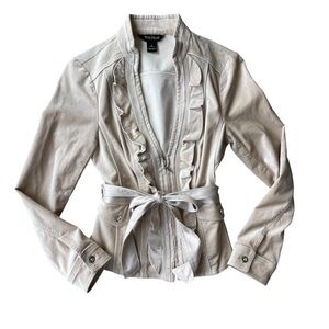 White House Black Market Cream Velvet Jacket Blazer with Ruffles | Size 0